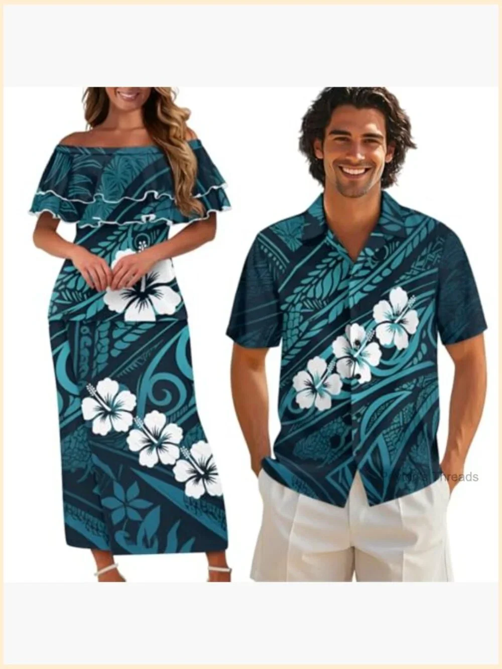 Polynesian Off Shoulder Dress with Skirt Set Couples Matching Shirt
